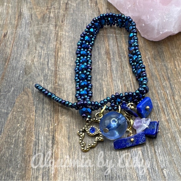 Gold rosary seed beaded lapis lazuli adjustable bracelet multi charms - Picture 2 of 2